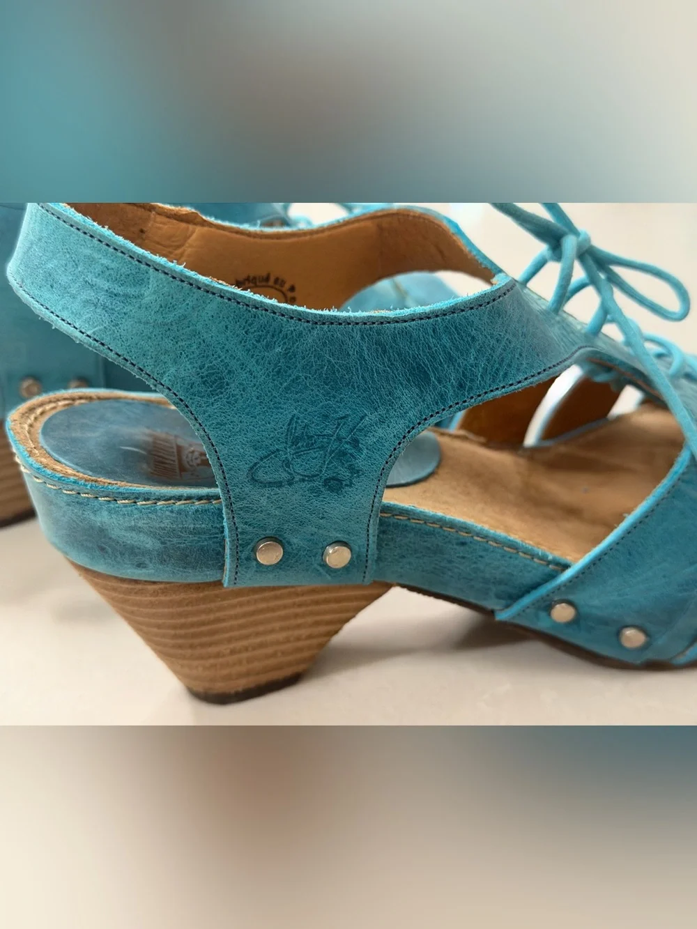 John Fluevog Joni Teal Blue Leather Wood Platform Lace Up Low Rule Sandals, 8